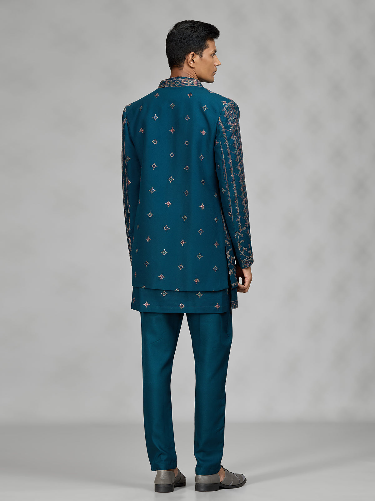 Teal blue layered mens indo western