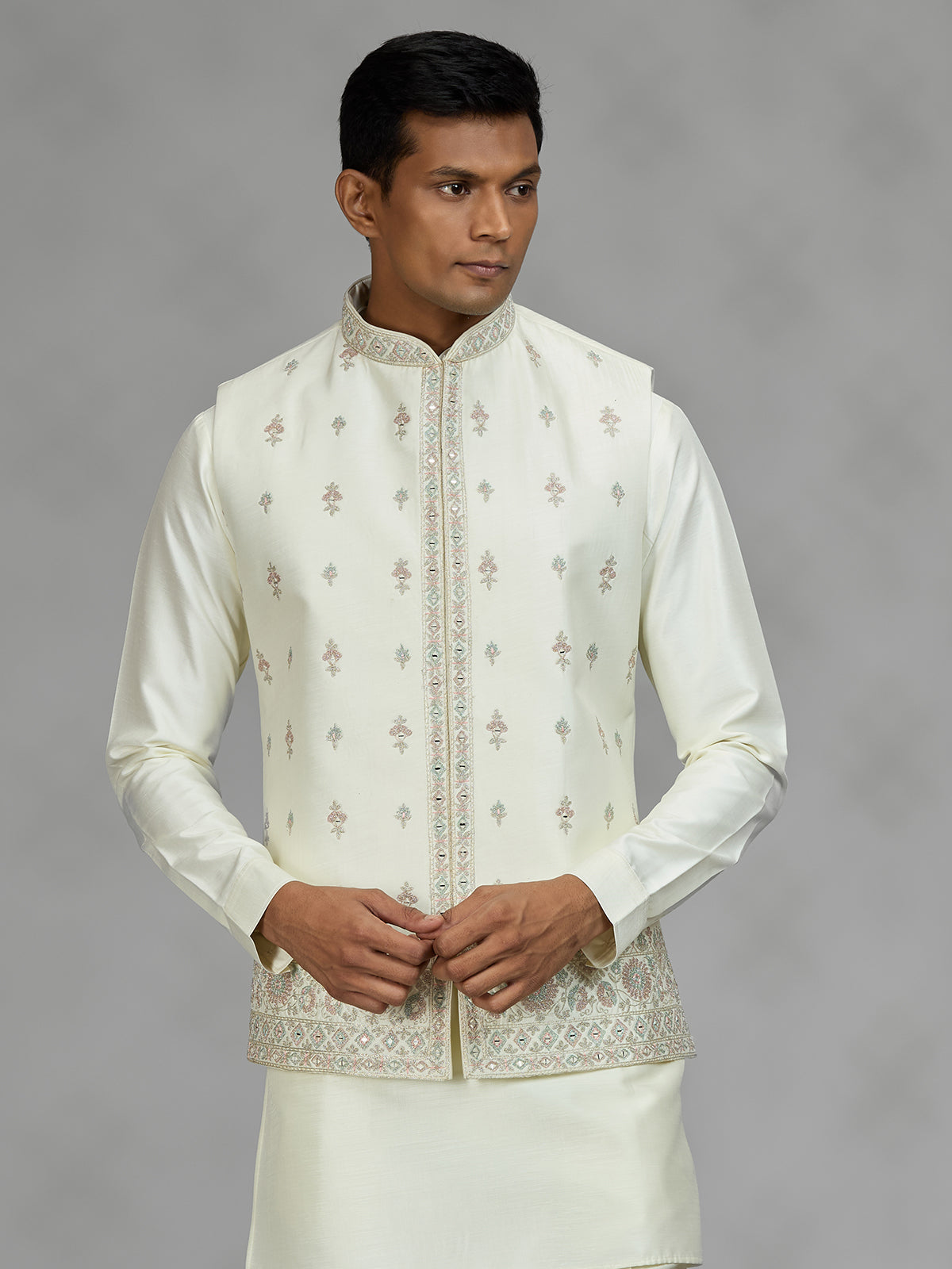 Cream floral bundi mens waistcoat set