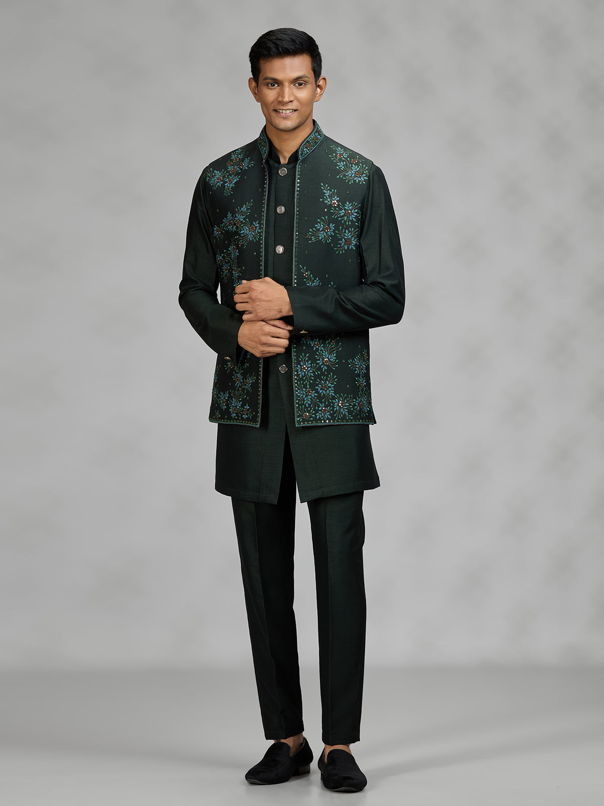 Bottle green floral mens waistcoat set
