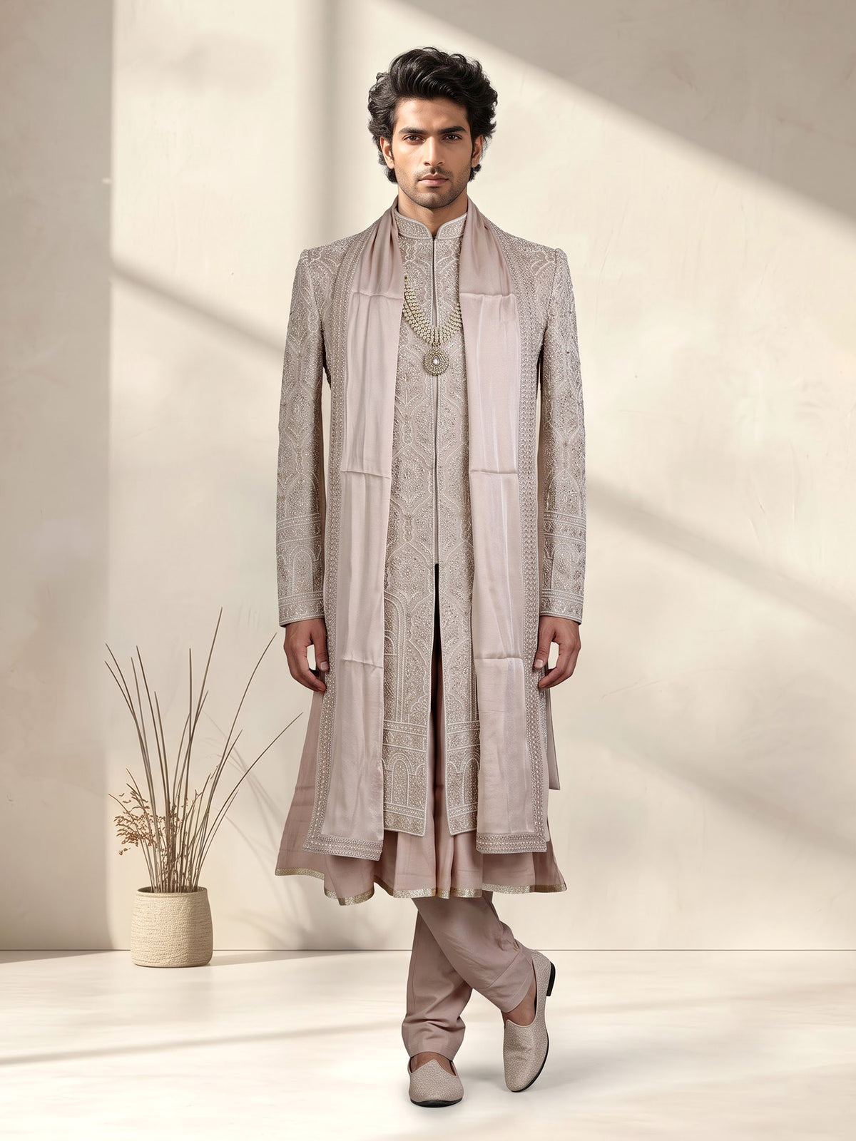 Dusty rose beige embellished silk sherwani with dupatta for mens