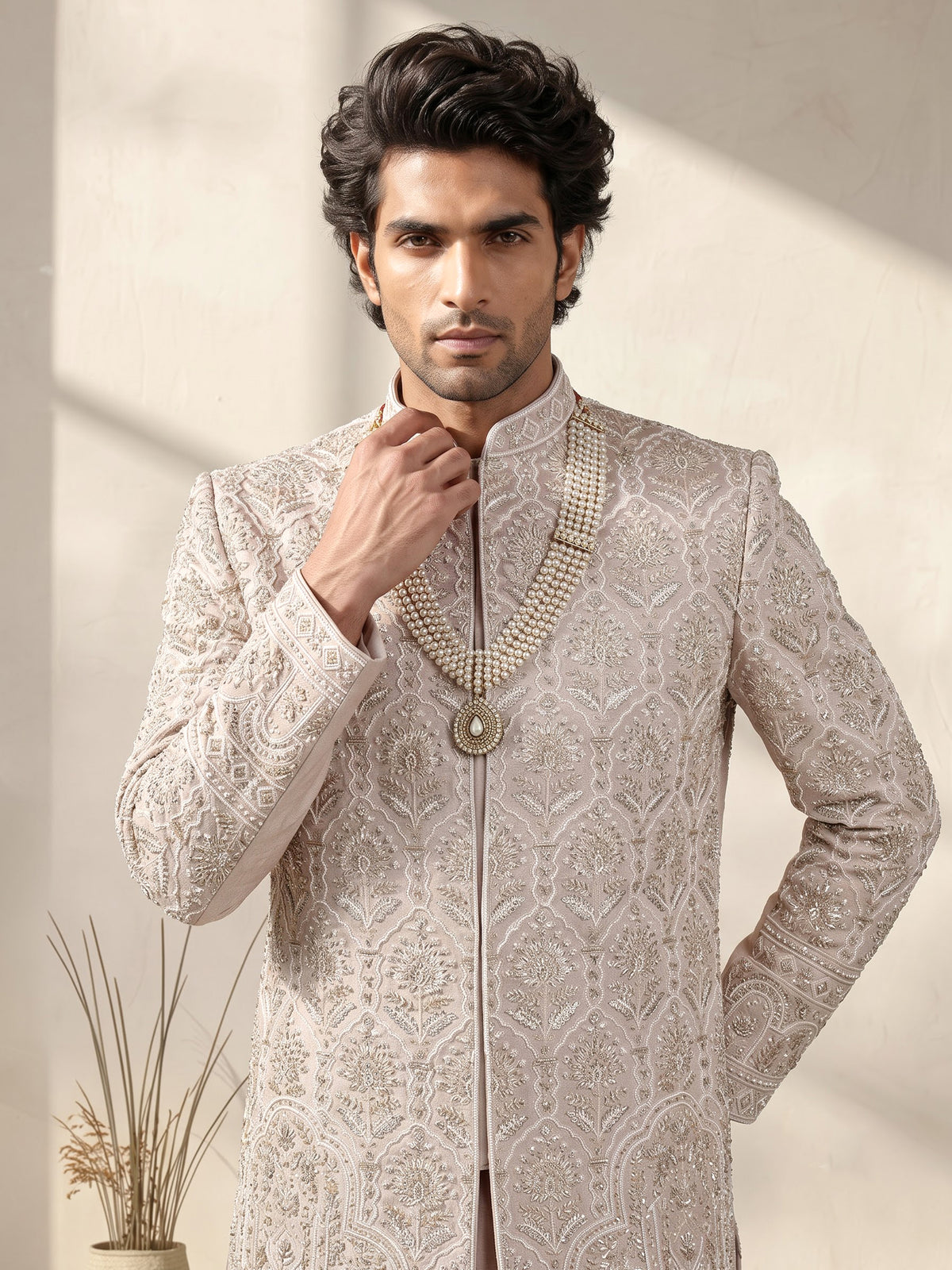 Dusty rose beige embellished silk sherwani with dupatta for mens