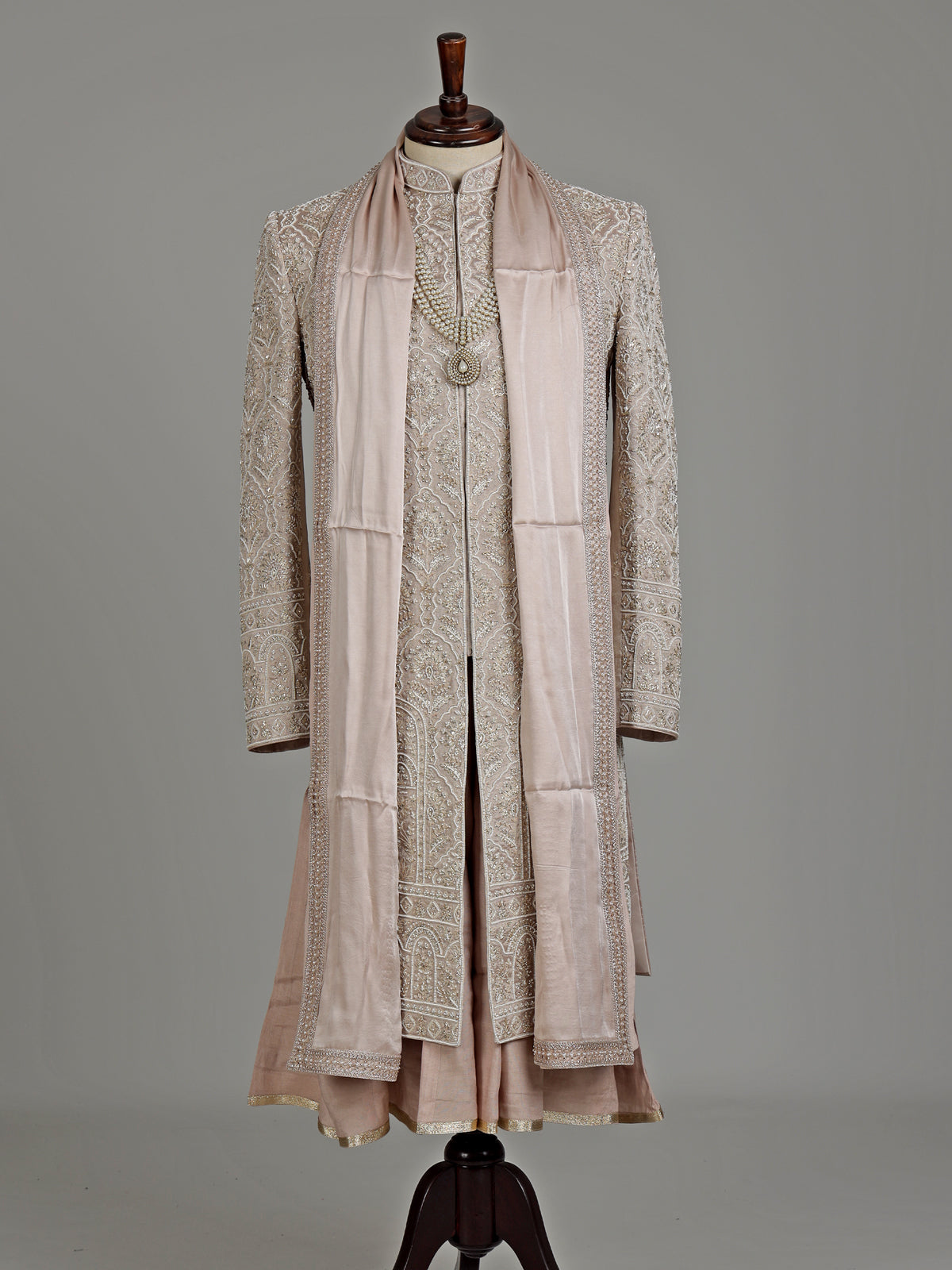 Dusty rose beige embellished silk sherwani with dupatta for mens