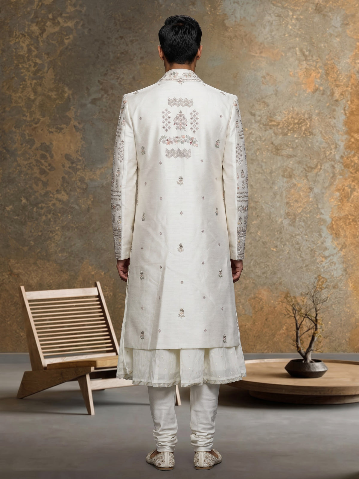 Ivory cream raw silk elephant jaal sherwani for mens