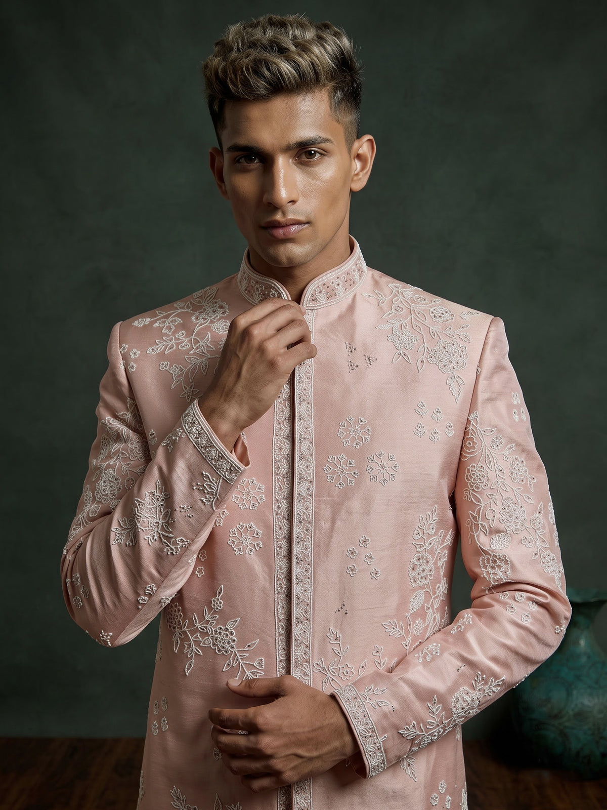 Pastel blush peach embellished silk sherwani for mens weddings