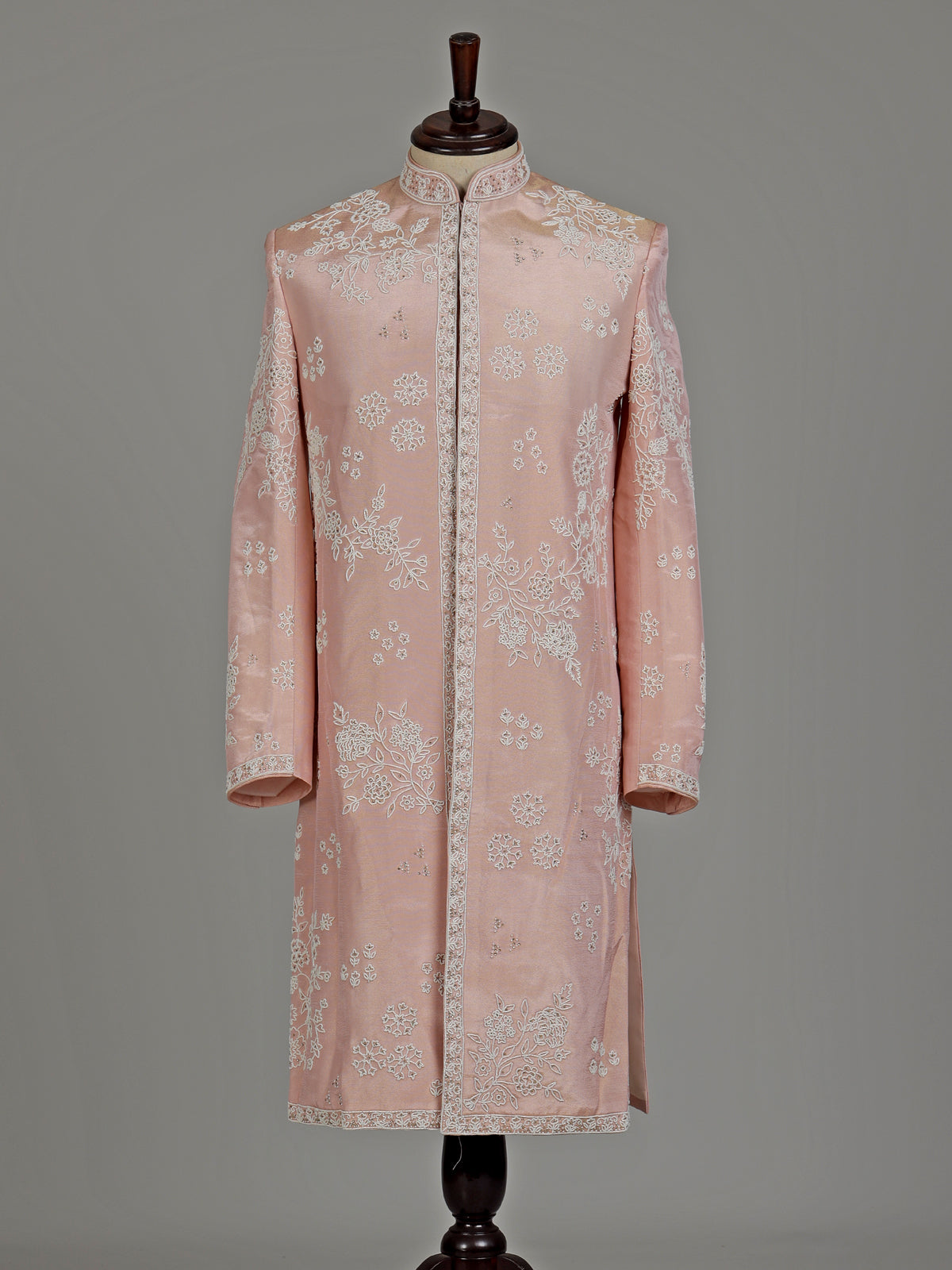 Pastel blush peach embellished silk sherwani for mens weddings