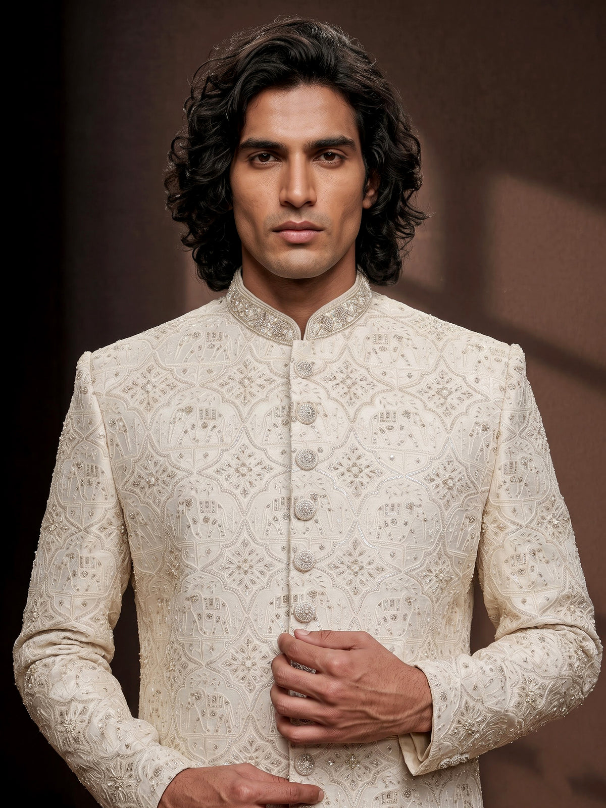 Beige silk floral zardosi sherwani with dupatta for mens weddings