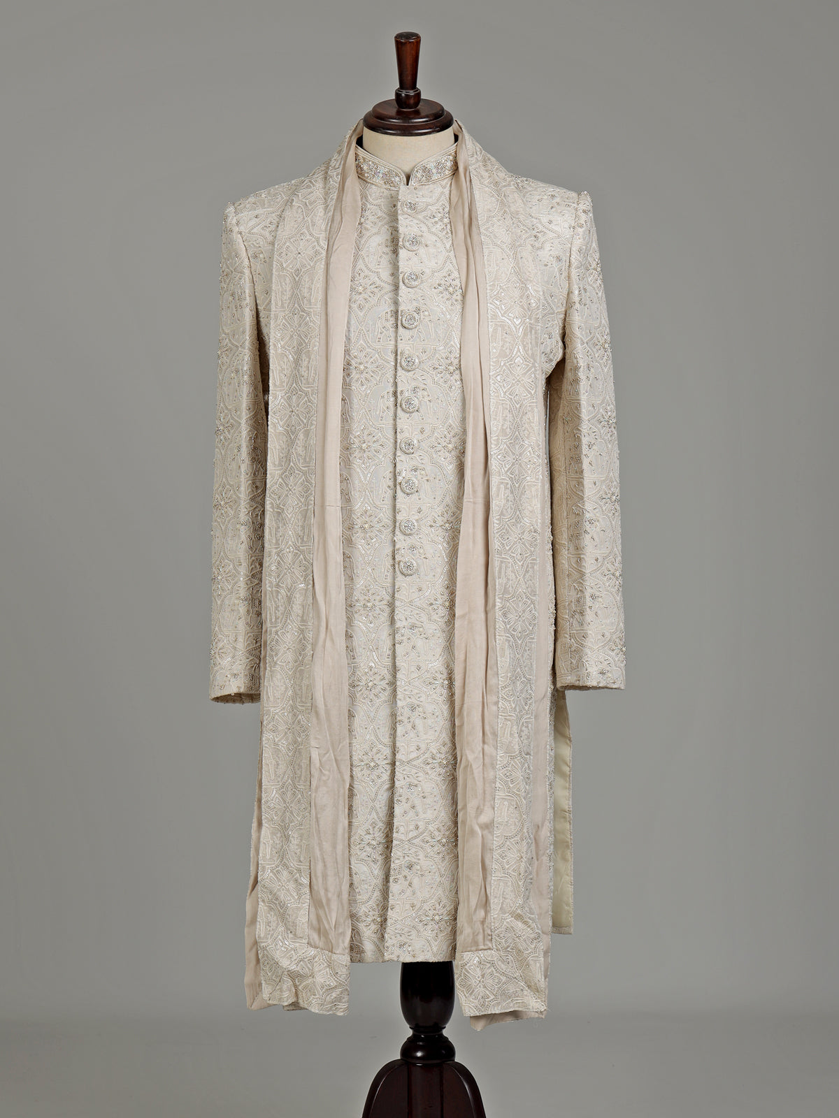 Beige silk floral zardosi sherwani with dupatta for mens weddings