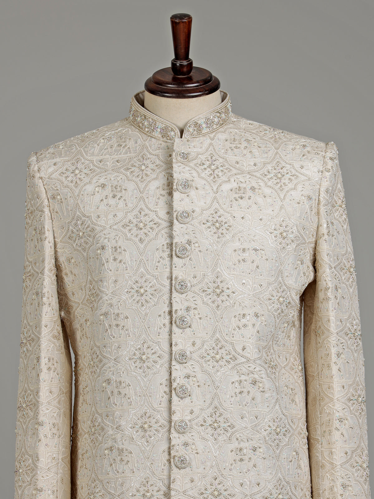 Beige silk floral zardosi sherwani with dupatta for mens weddings