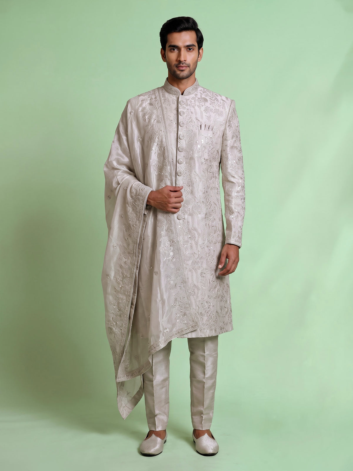 Dusty white luxe mens sherwani with dupatta