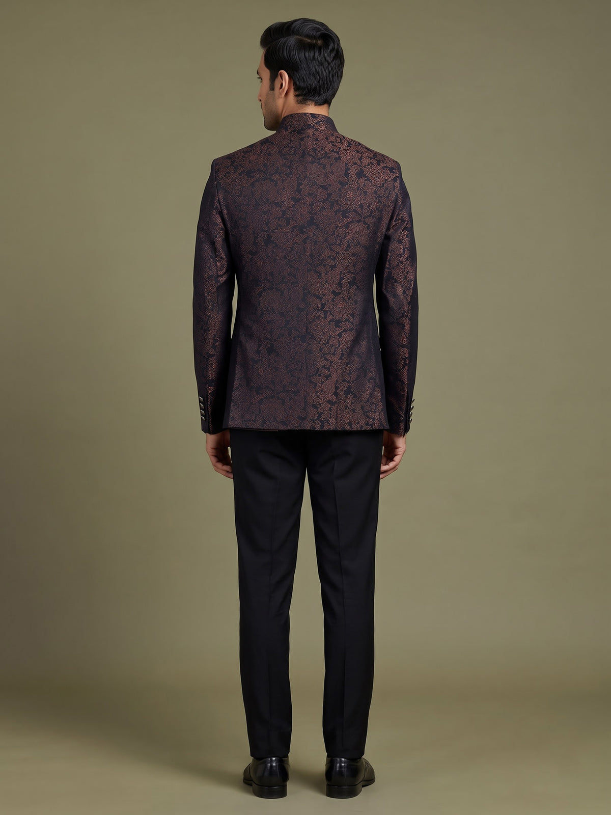 Black mens brown textured jacquard tailored jodhpuri suit for weddings