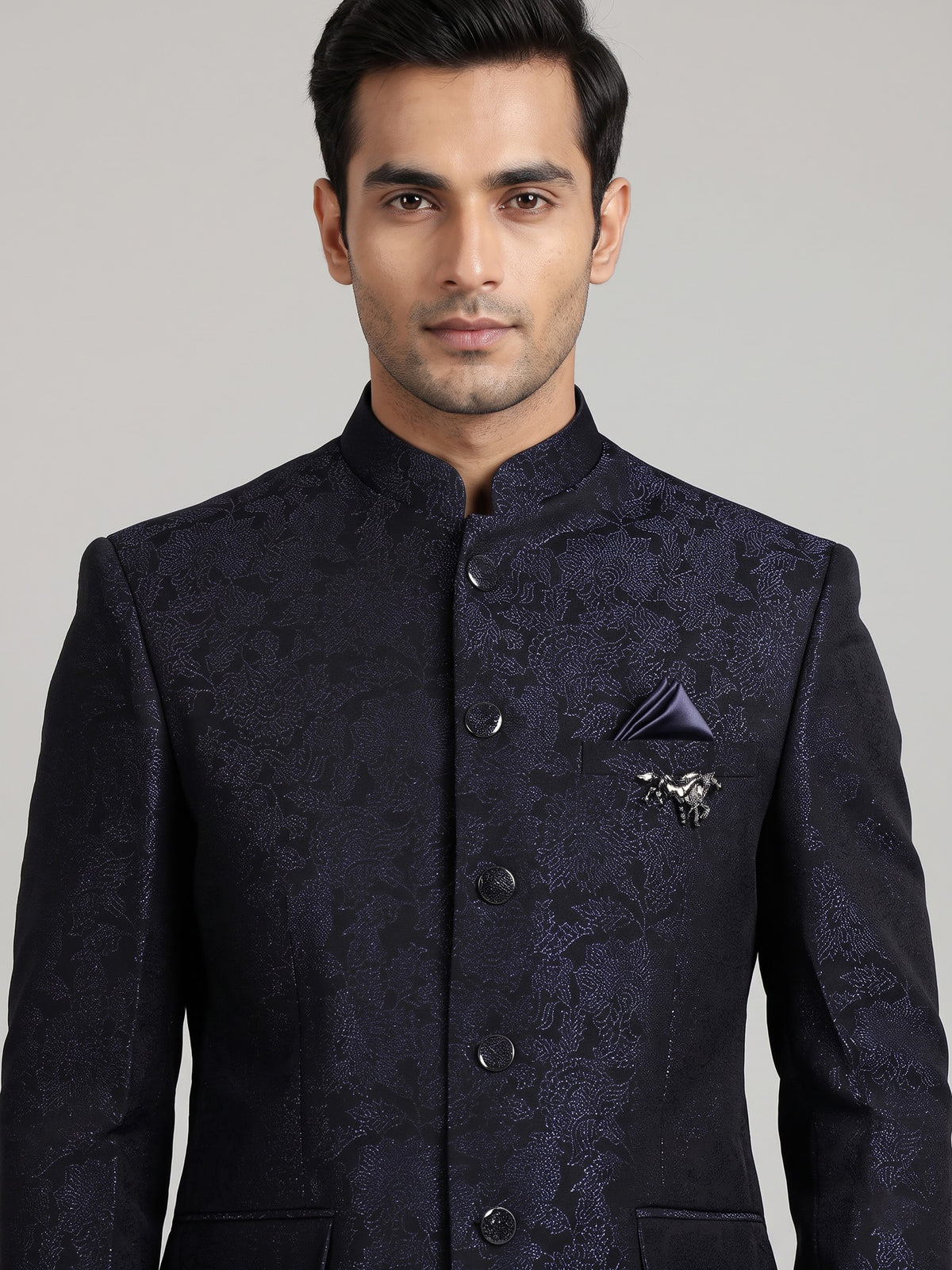 Black mens blue textured jacquard brooch jodhpuri suit for weddings