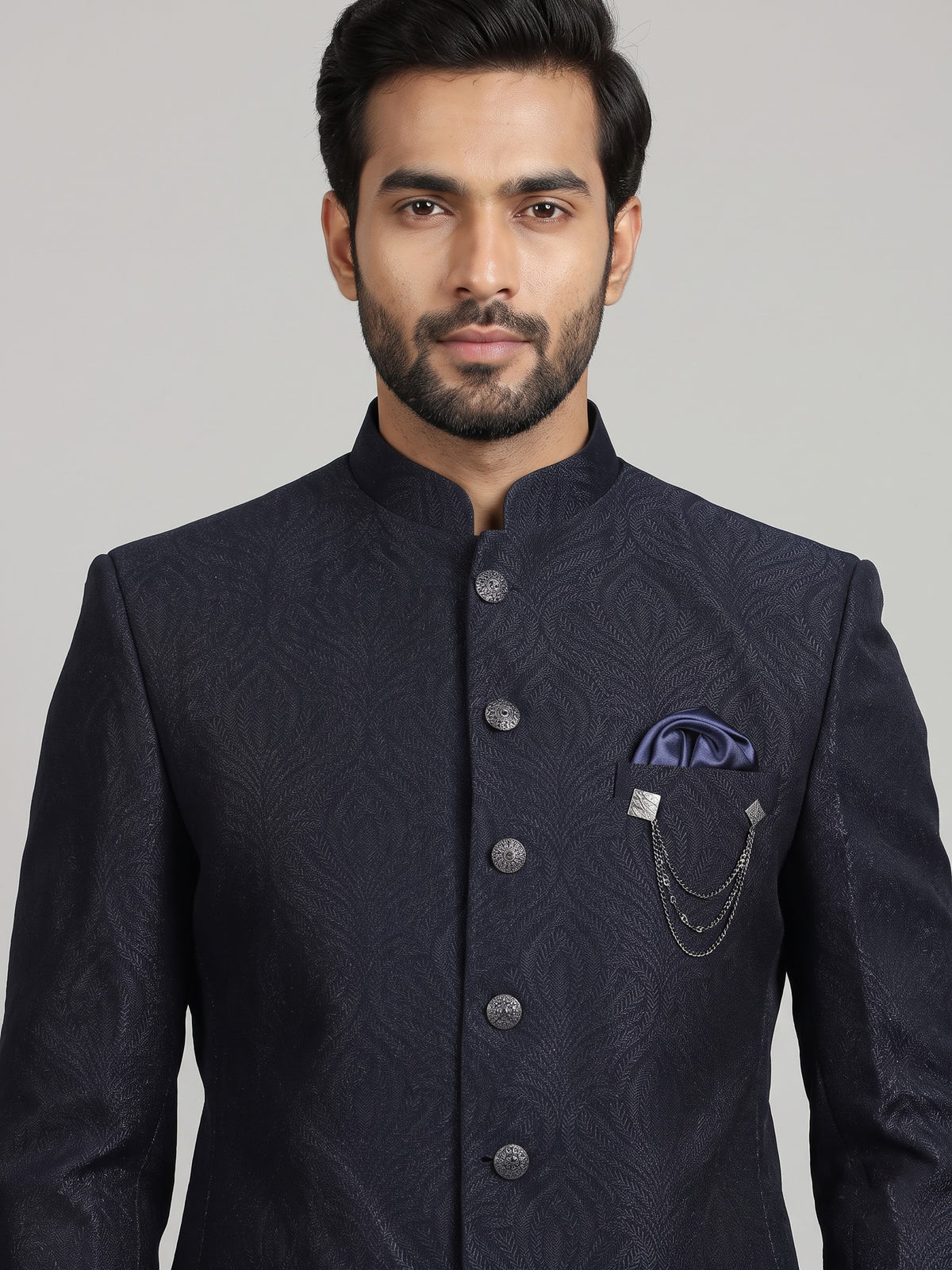 Blue mens textured jacquard brooch detail jodhpuri suit for weddings