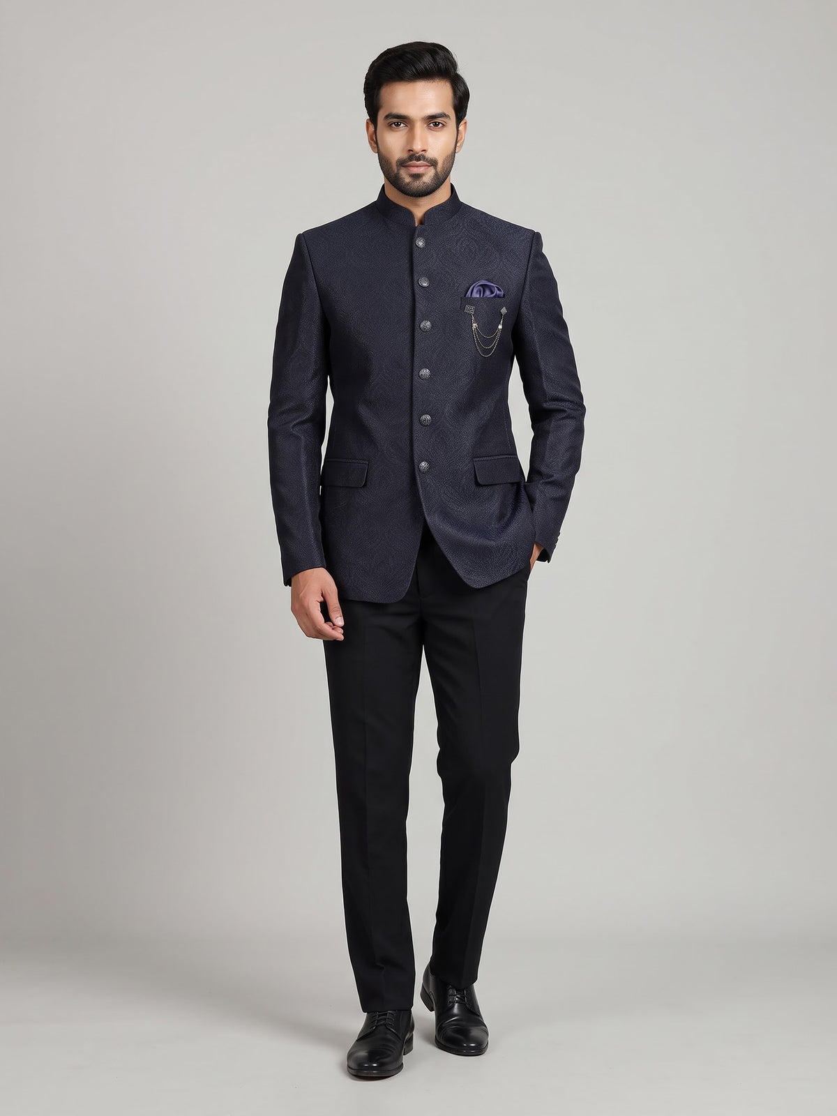 Blue mens textured jacquard brooch detail jodhpuri suit for weddings