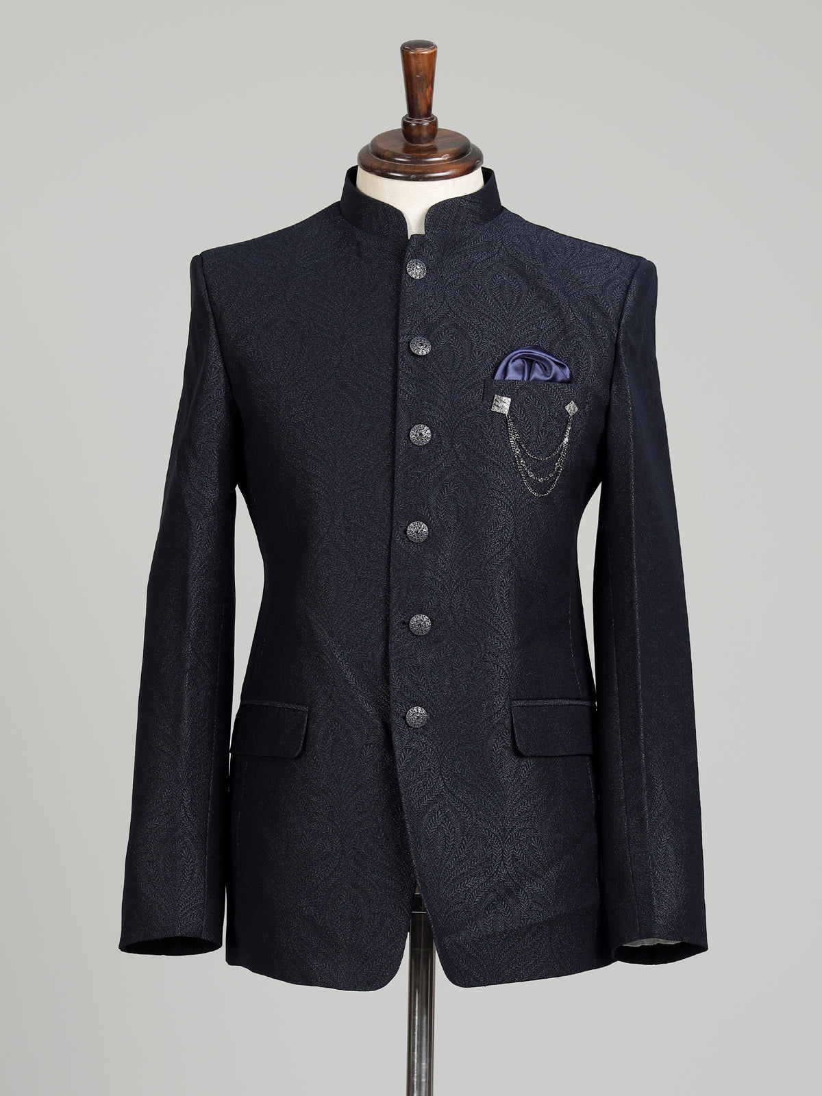Blue mens textured jacquard brooch detail jodhpuri suit for weddings