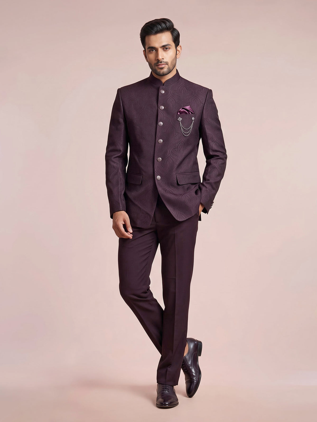 Wine mens textured jacquard designer button jodhpuri suit for weddings