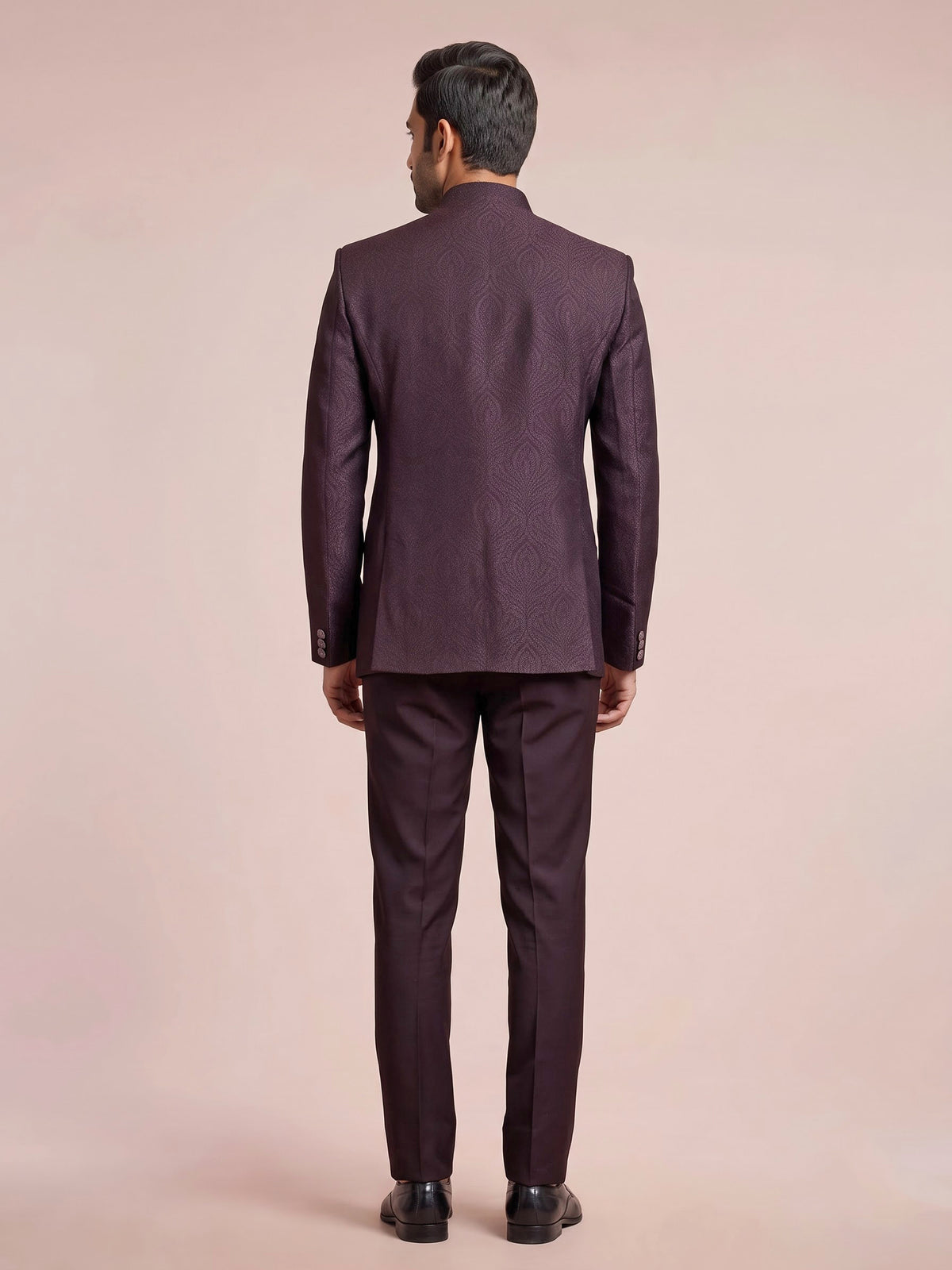 Wine mens textured jacquard designer button jodhpuri suit for weddings