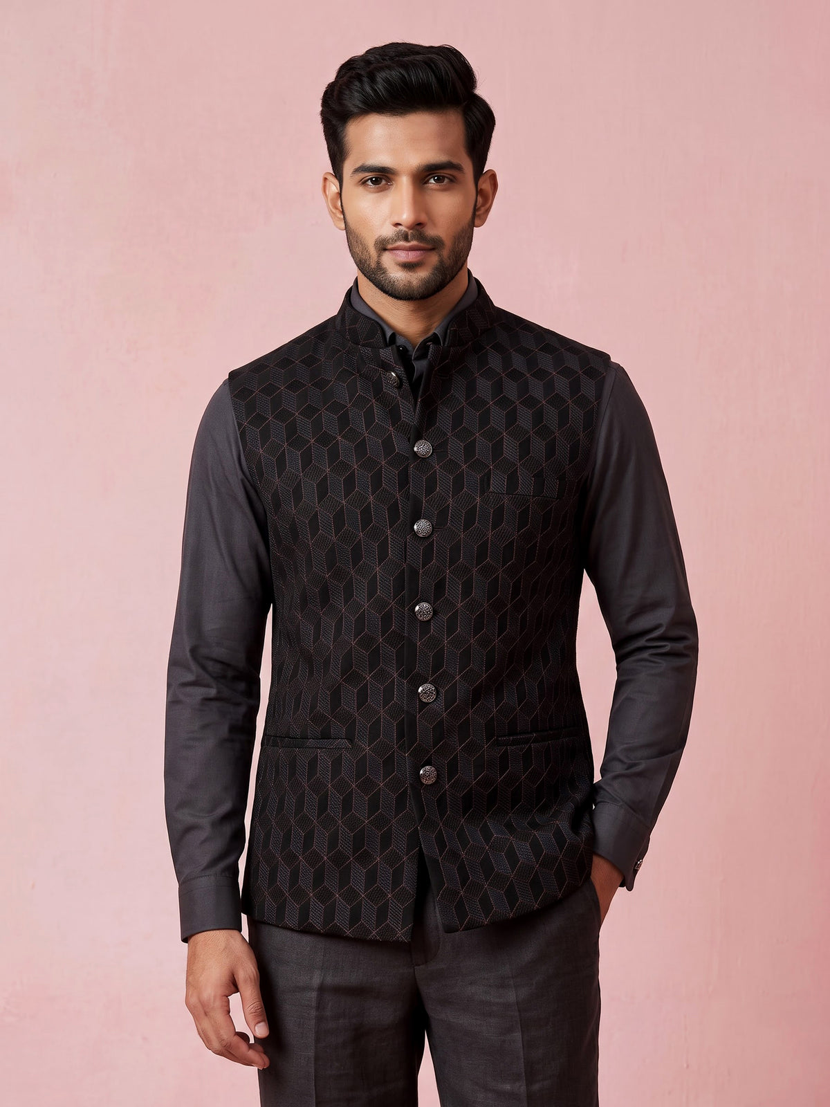 Black jacquard textured waistcoat with tonal metallic buttons for mens