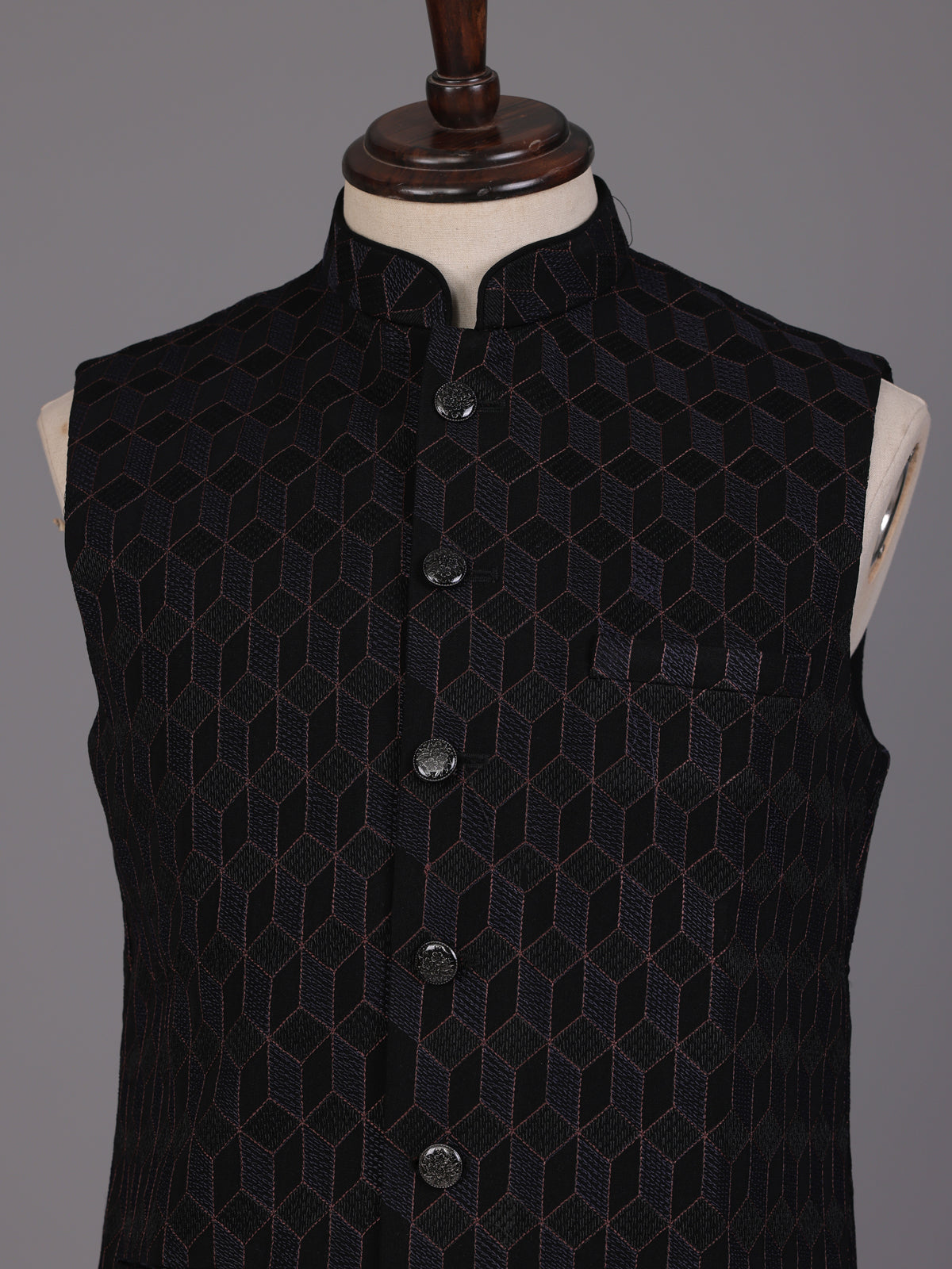 Black jacquard textured waistcoat with tonal metallic buttons for mens