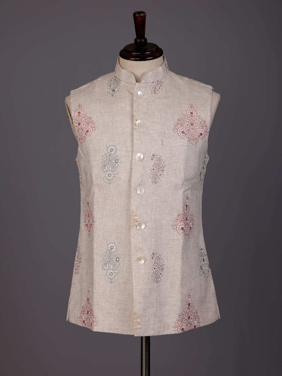 Beige linen-silk aabla sequined waistcoat with glossy buttons for mens