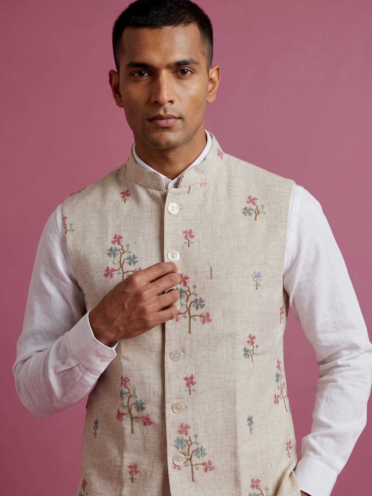 Beige textured linen-silk sequined waistcoat with glossy buttons for mens