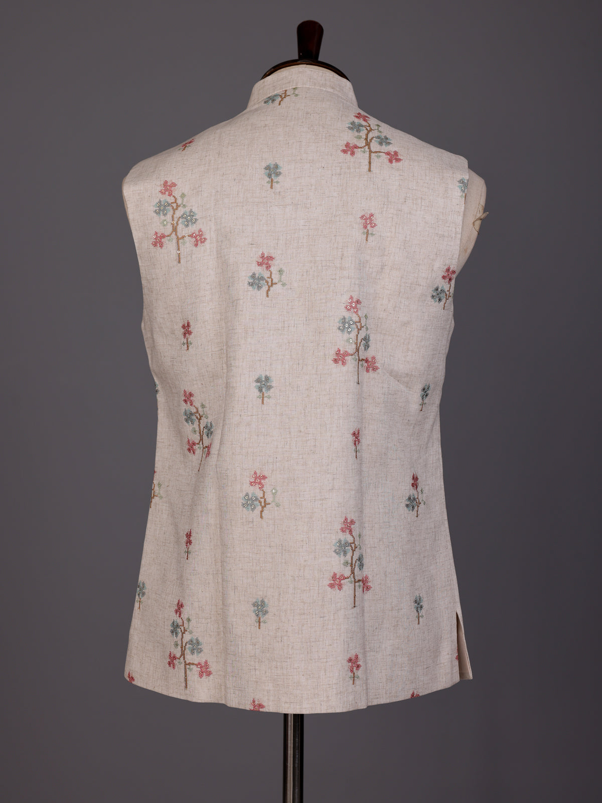 Beige textured linen-silk sequined waistcoat with glossy buttons for mens