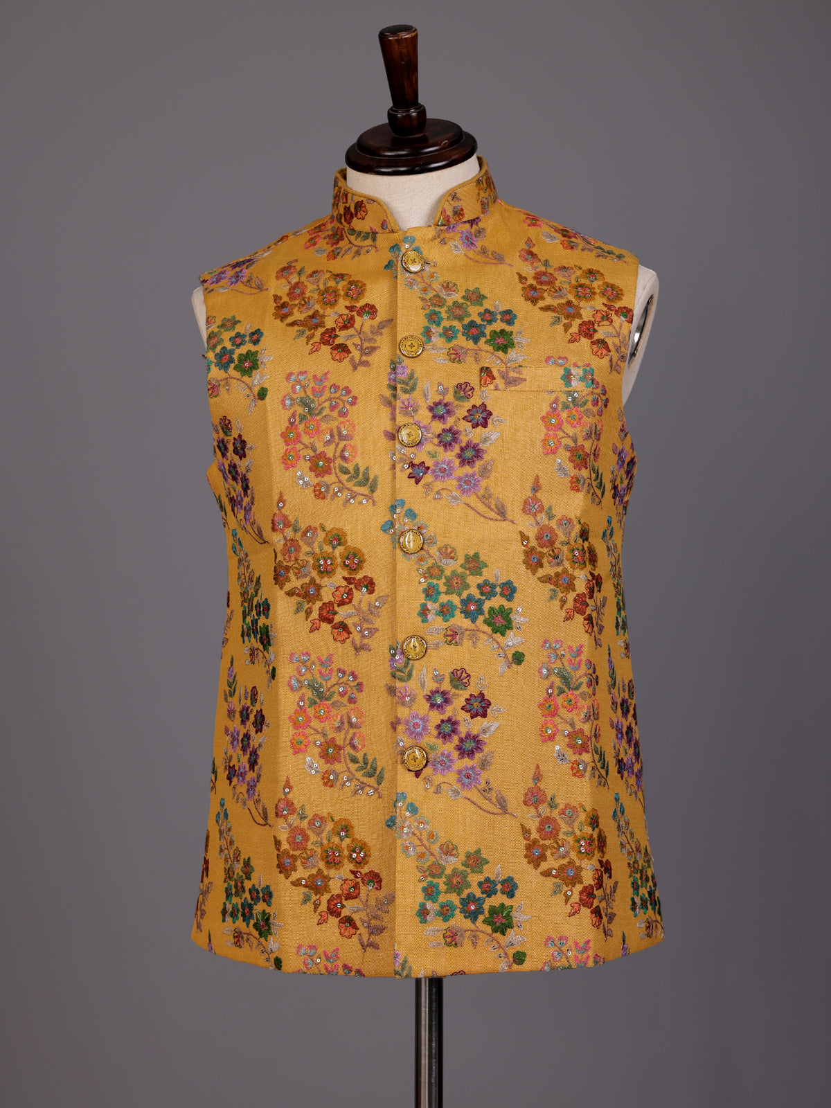 Mustard yellow floral sequined waistcoat for mens festive occasions