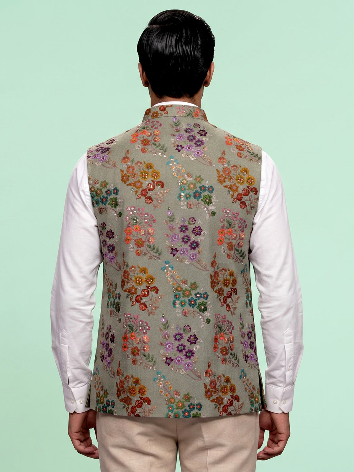 Dusty pista green floral sequined waistcoat for mens weddings