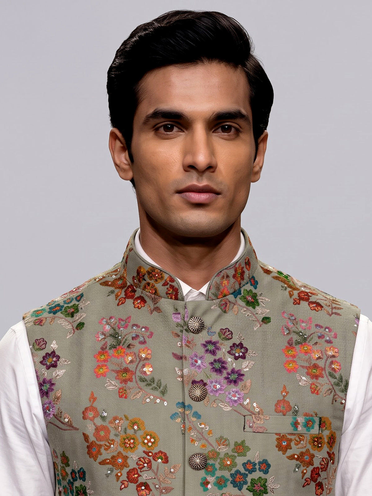 Dusty pista green floral sequined waistcoat for mens weddings