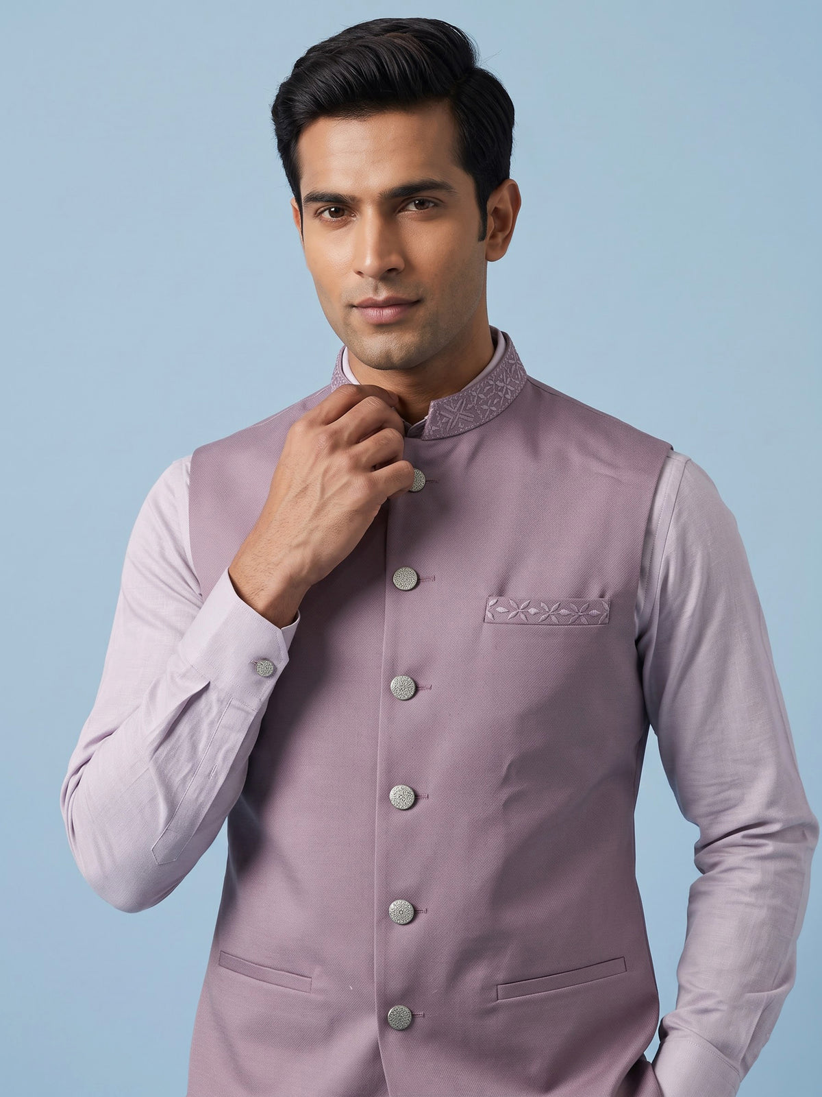 Lilac purple embroidered waistcoat with detailed collar and pocket trim