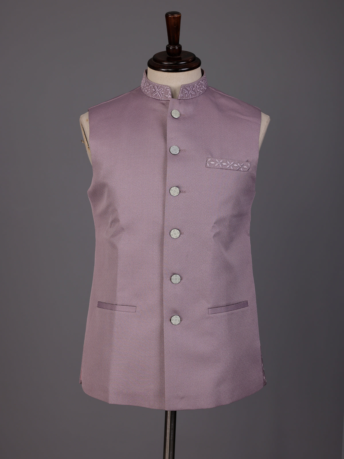 Lilac purple embroidered waistcoat with detailed collar and pocket trim
