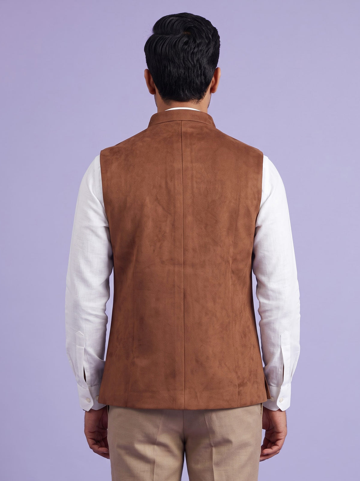 Caramel brown velvet cutdana zardosi waistcoat with metallic artwork