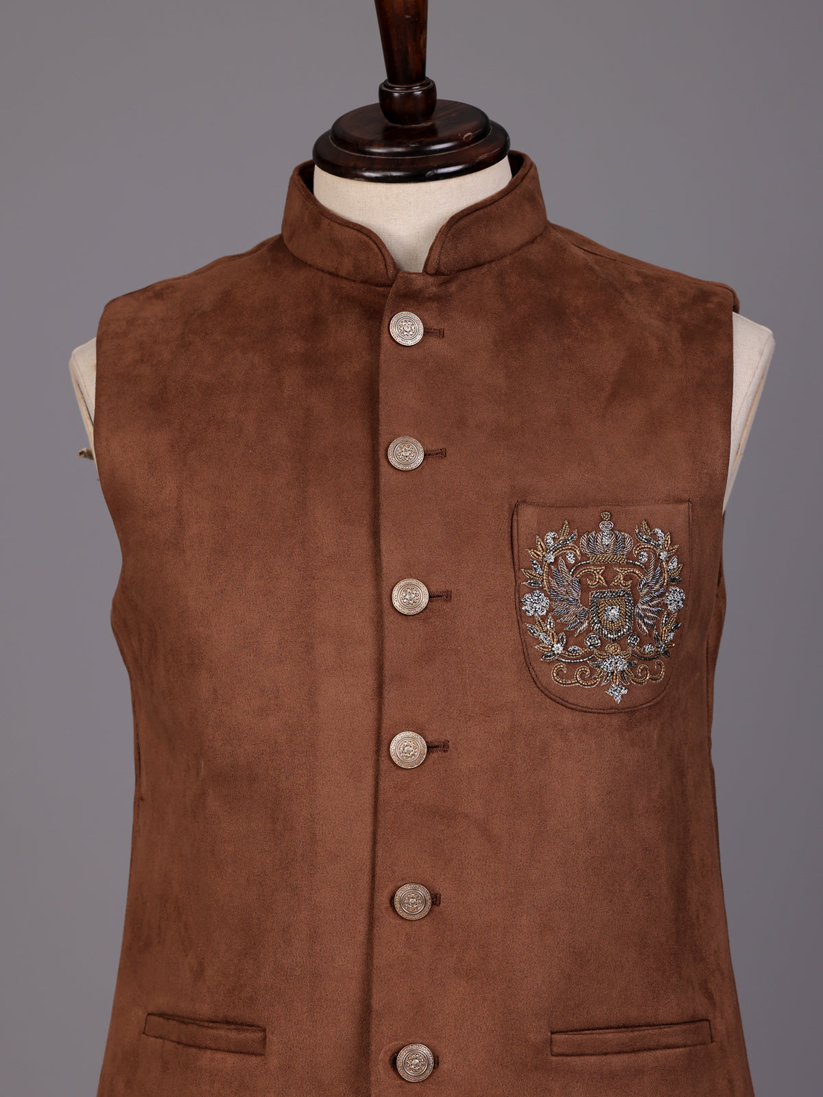 Caramel brown velvet cutdana zardosi waistcoat with metallic artwork