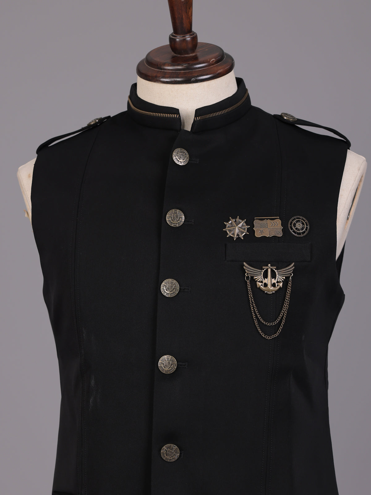 Black premium waistcoat with metallic crest chain brooch for mens