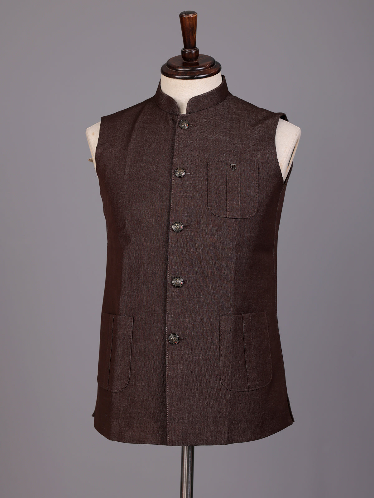 Brown textured waistcoat with metallic rimmed buttons for mens occasions