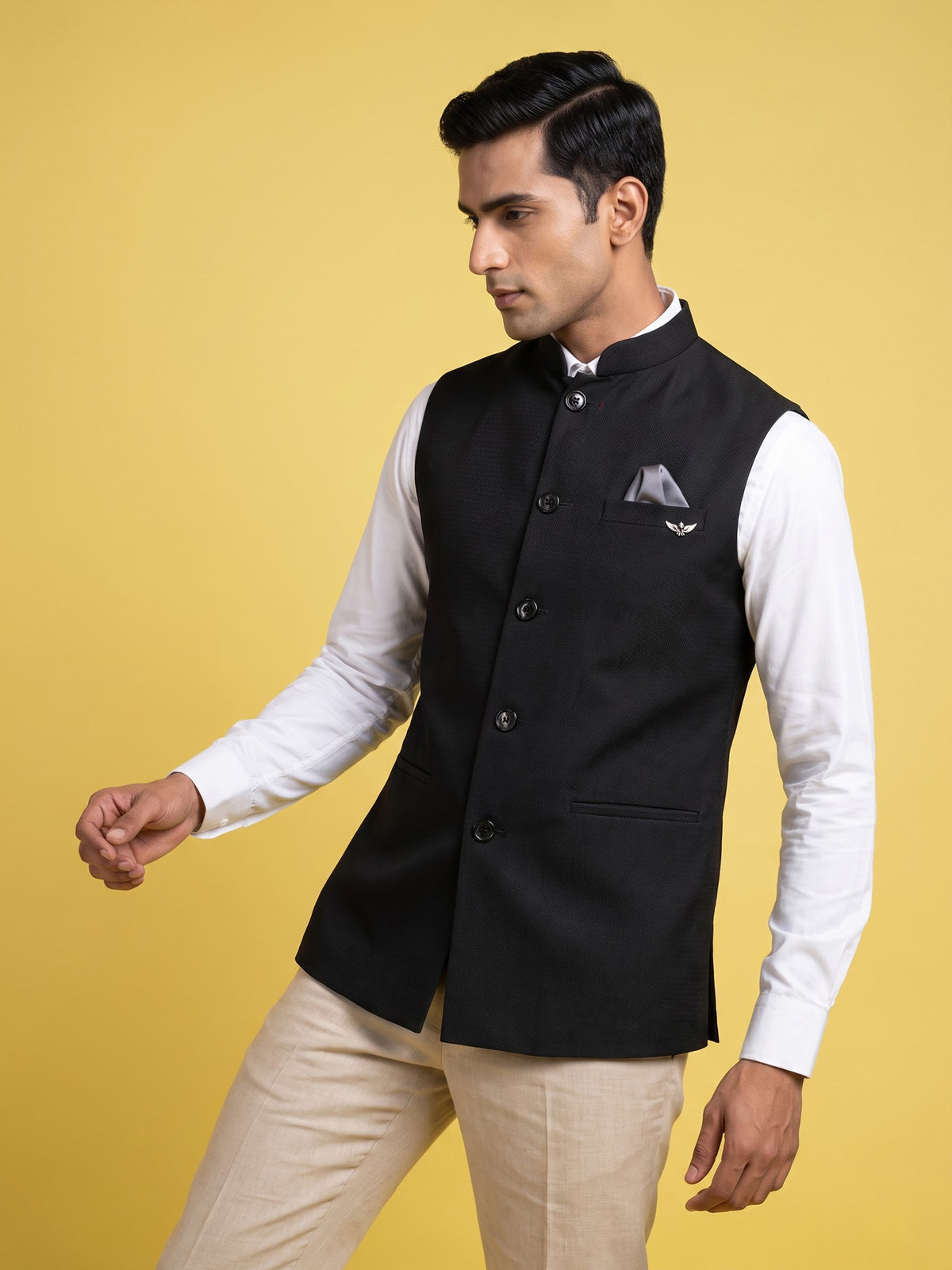 Midnight black waistcoat with pocket square and brooch detailing