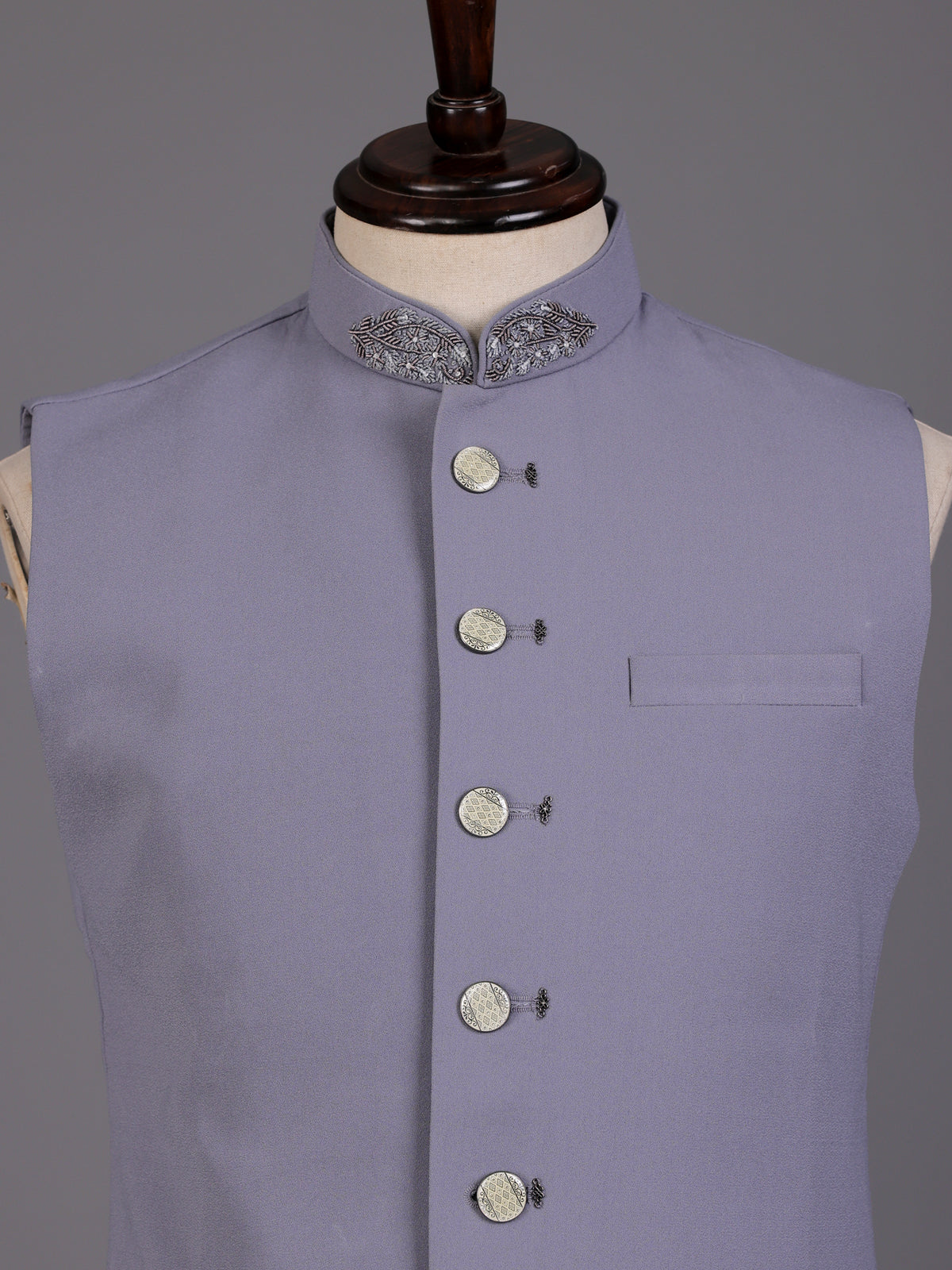 Lilac purple embellished collar waistcoat with metallic buttons for mens