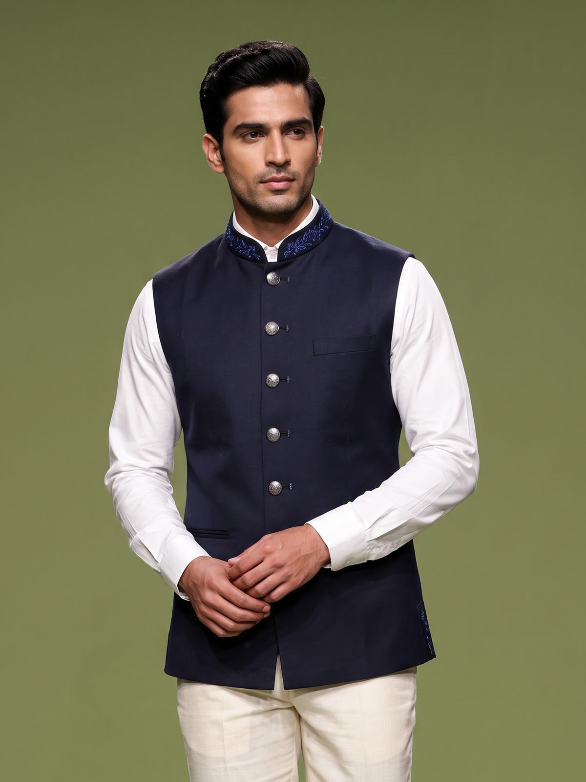 Navy blue embroidered collar waistcoat with zardosi detailing for mens