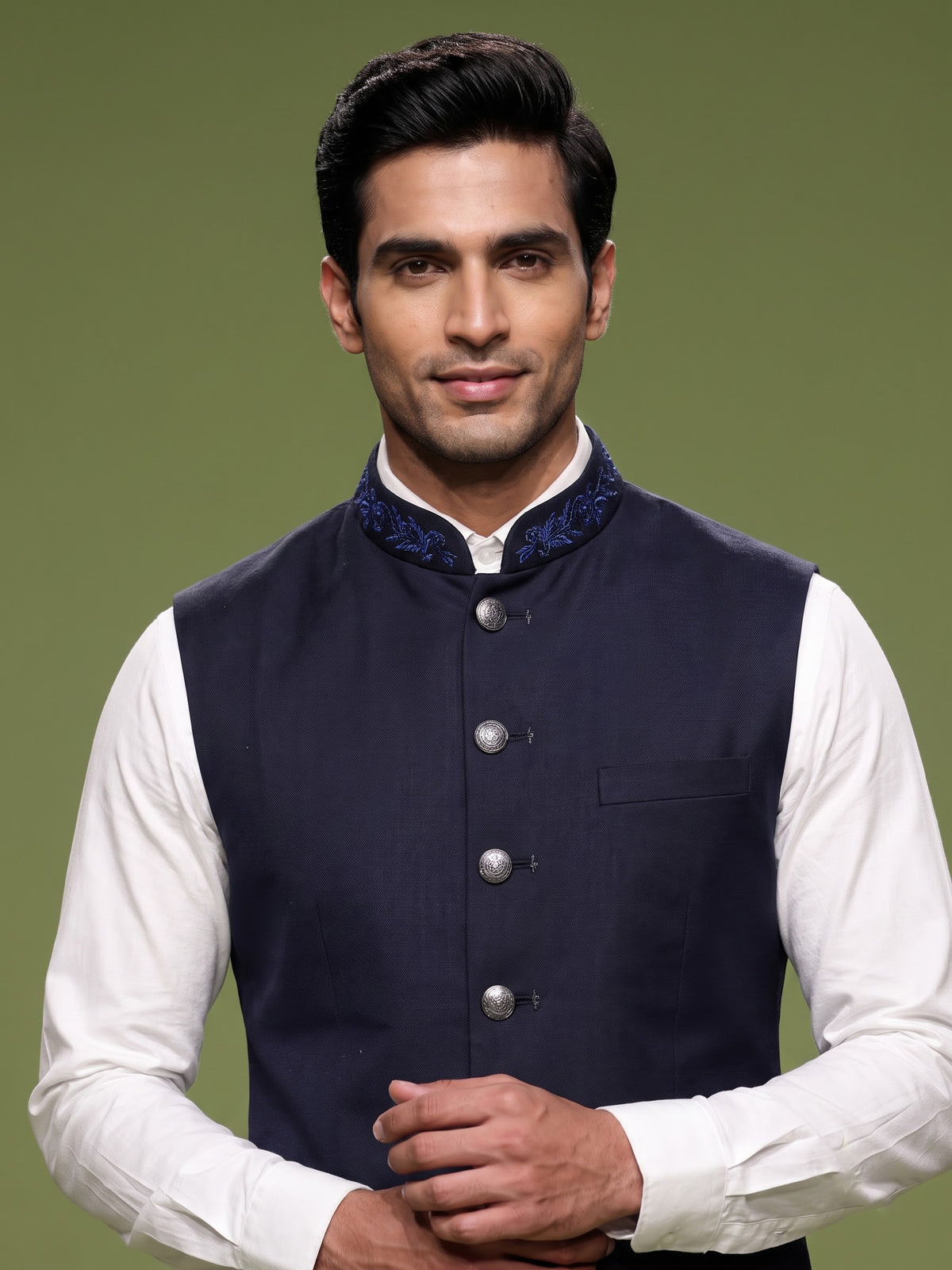 Navy blue embroidered collar waistcoat with zardosi detailing for mens
