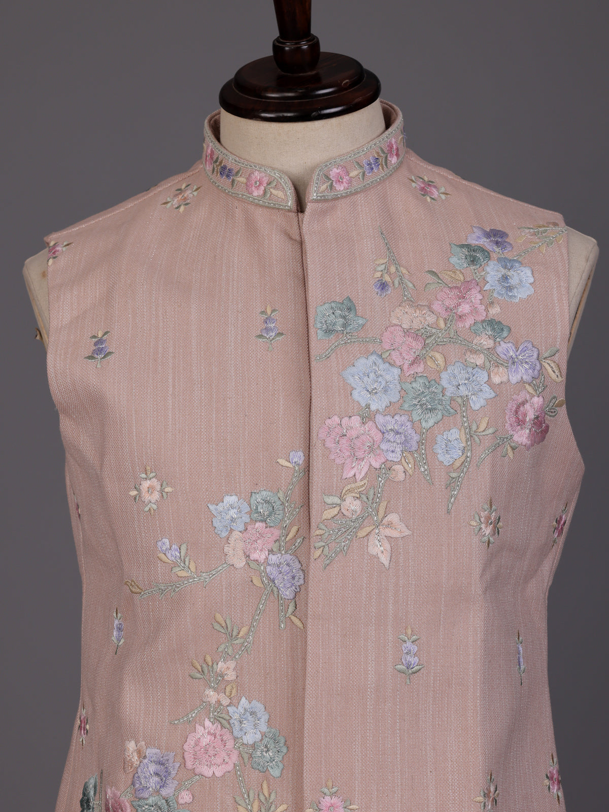 Light peach silk-linen waistcoat with contrast floral embroidery for mens