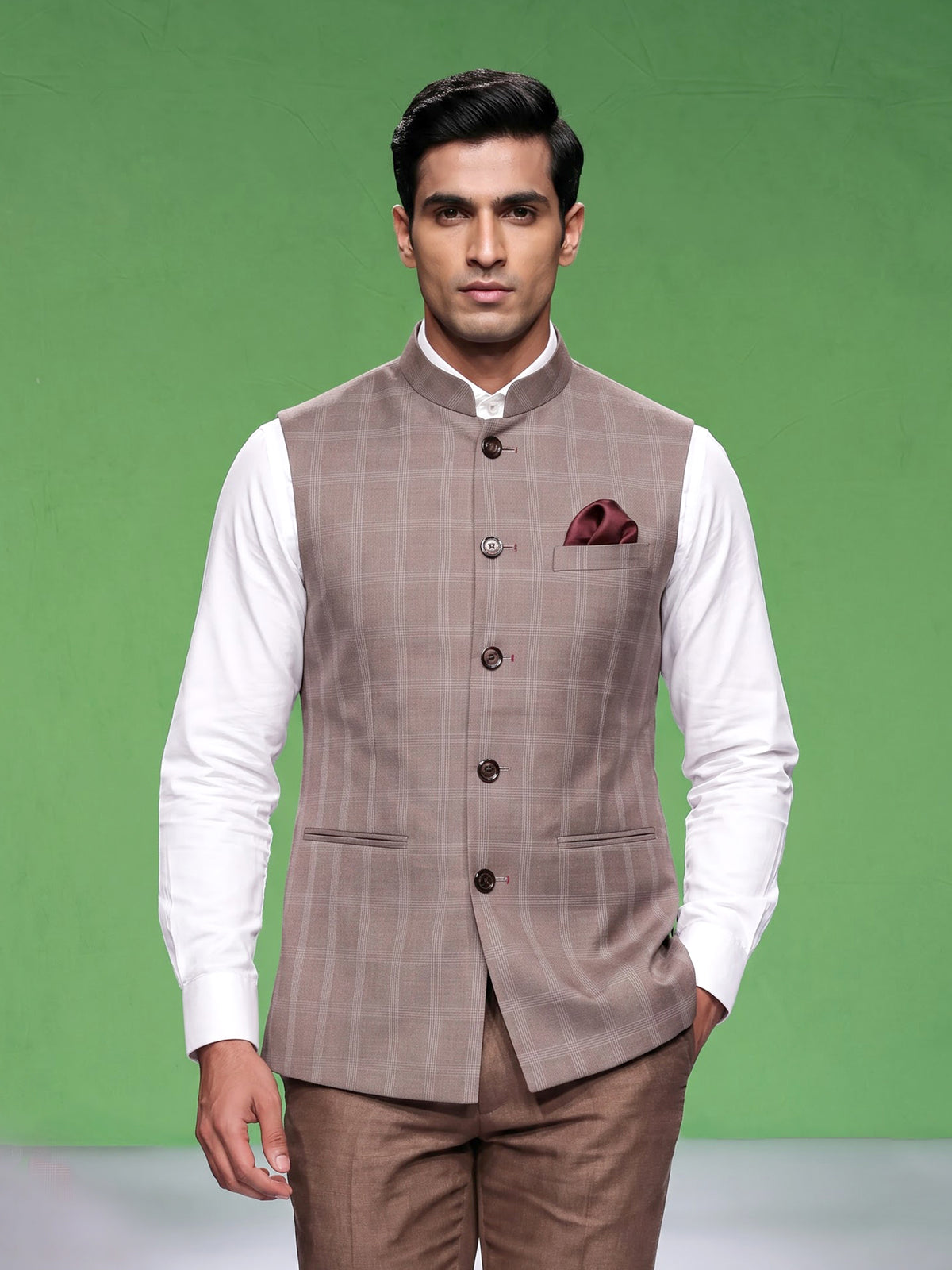 Beige windowpane textured waistcoat with satin pocket square for mens
