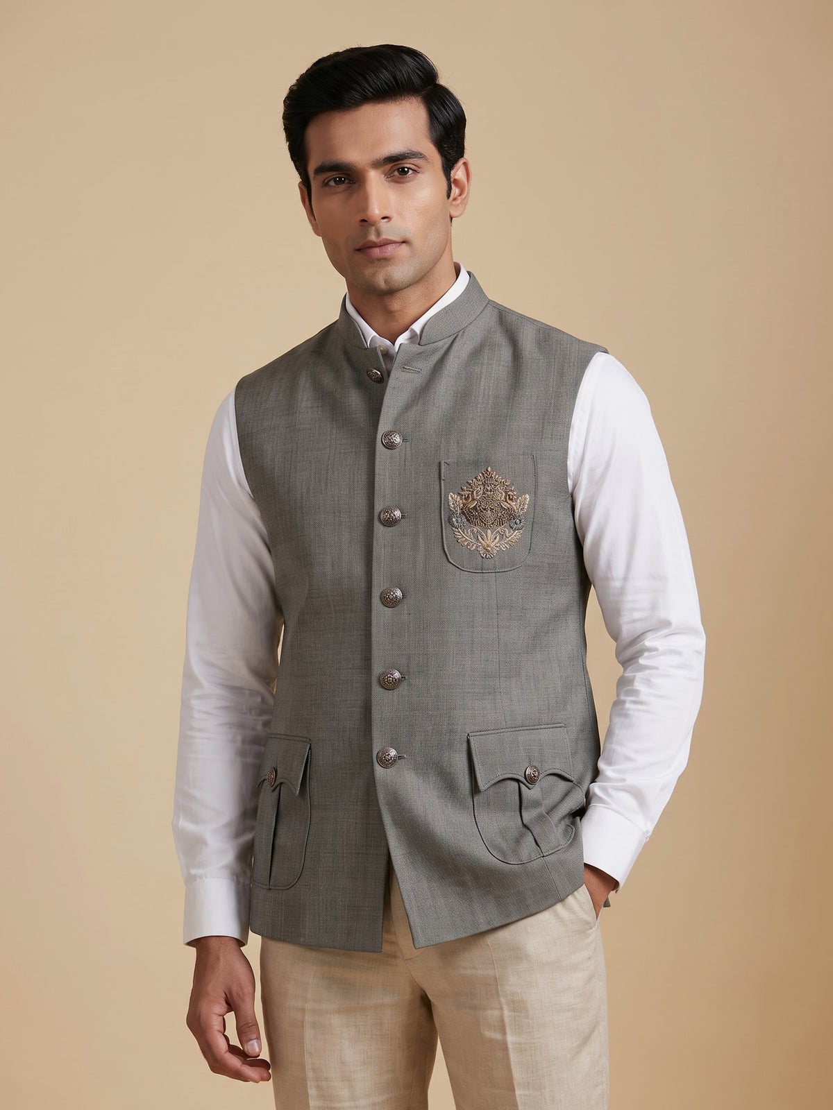 Grey textured zardosi waistcoat with safari pocket detailing for mens