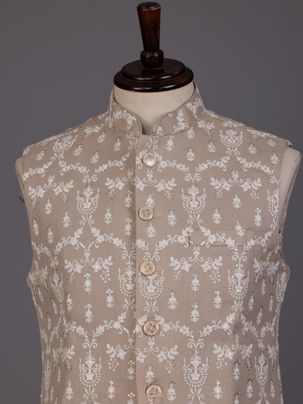 Beige embroidered waistcoat with textured tonal buttons for mens weddings