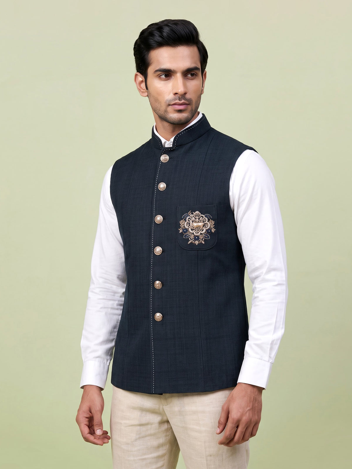 Navy blue royal crest waistcoat with zardosi embellishment for mens