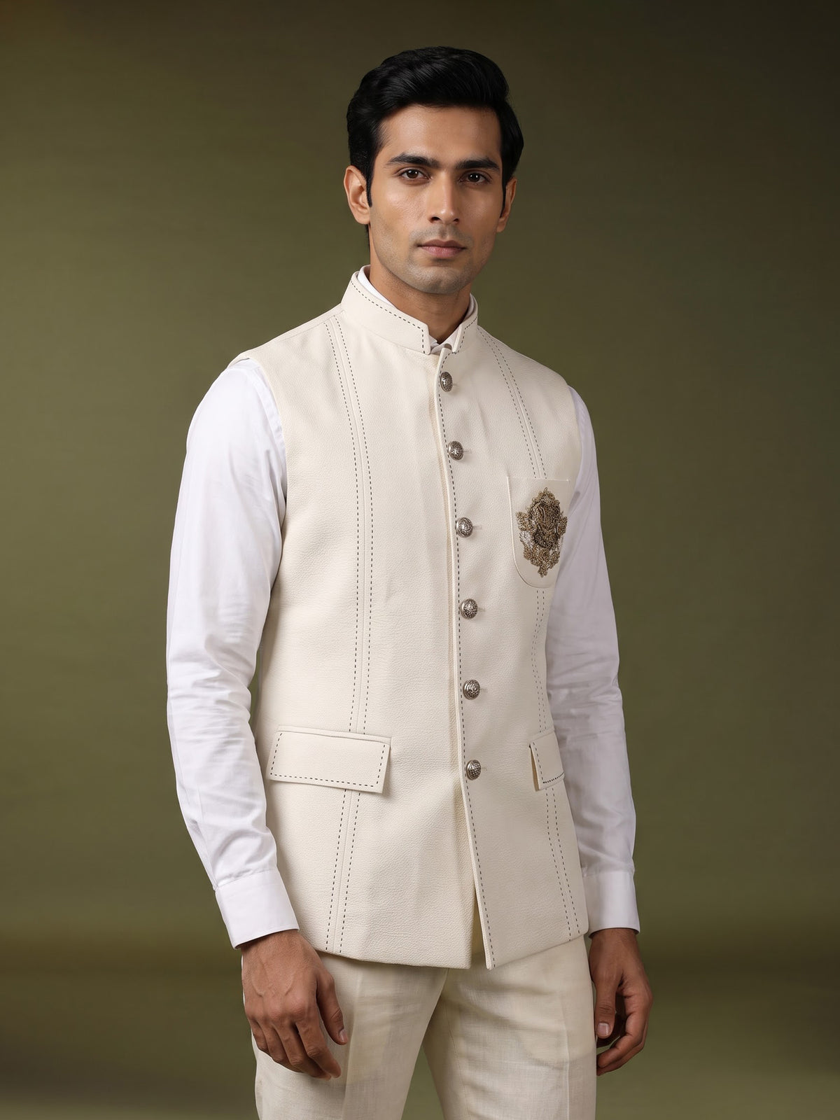 White pearl embellished waistcoat with antique gold buttons for mens