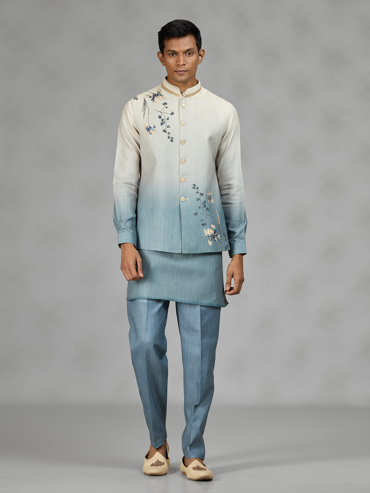 Powder blue floral mens waistcoat set