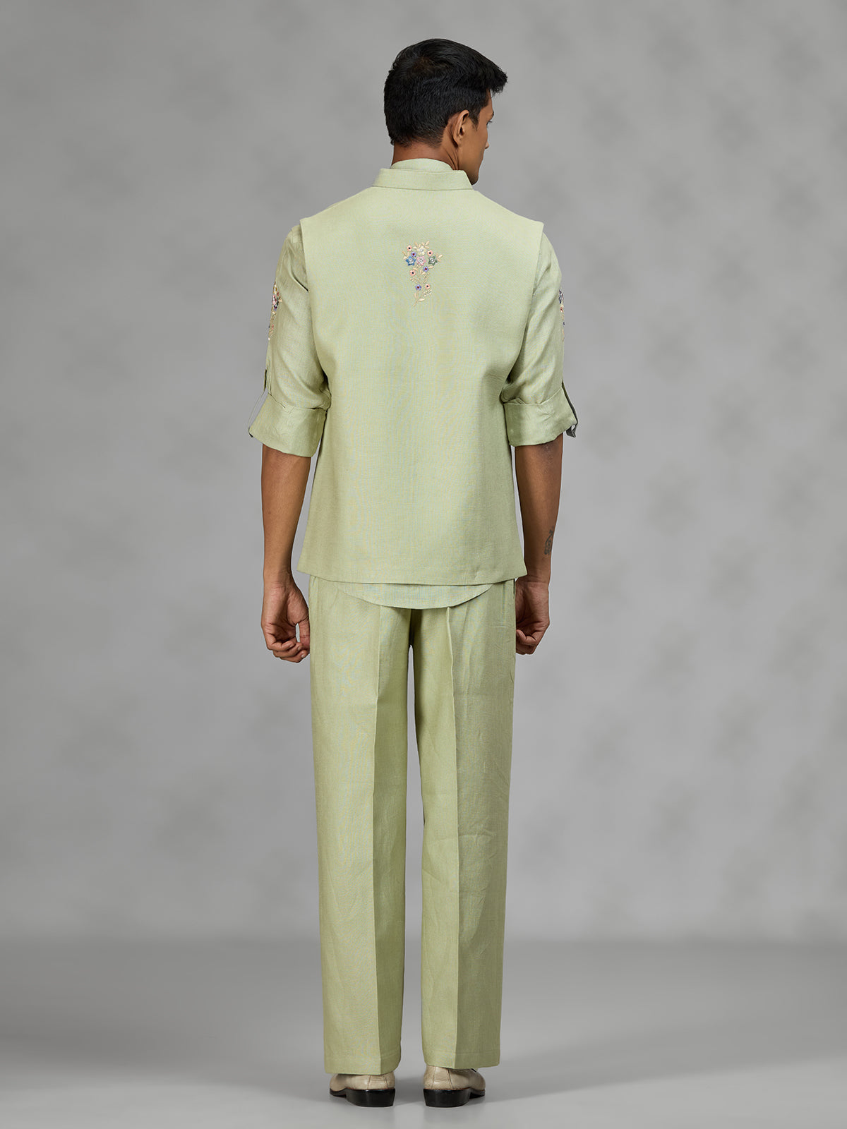 Pista green floral mens waistcoat set