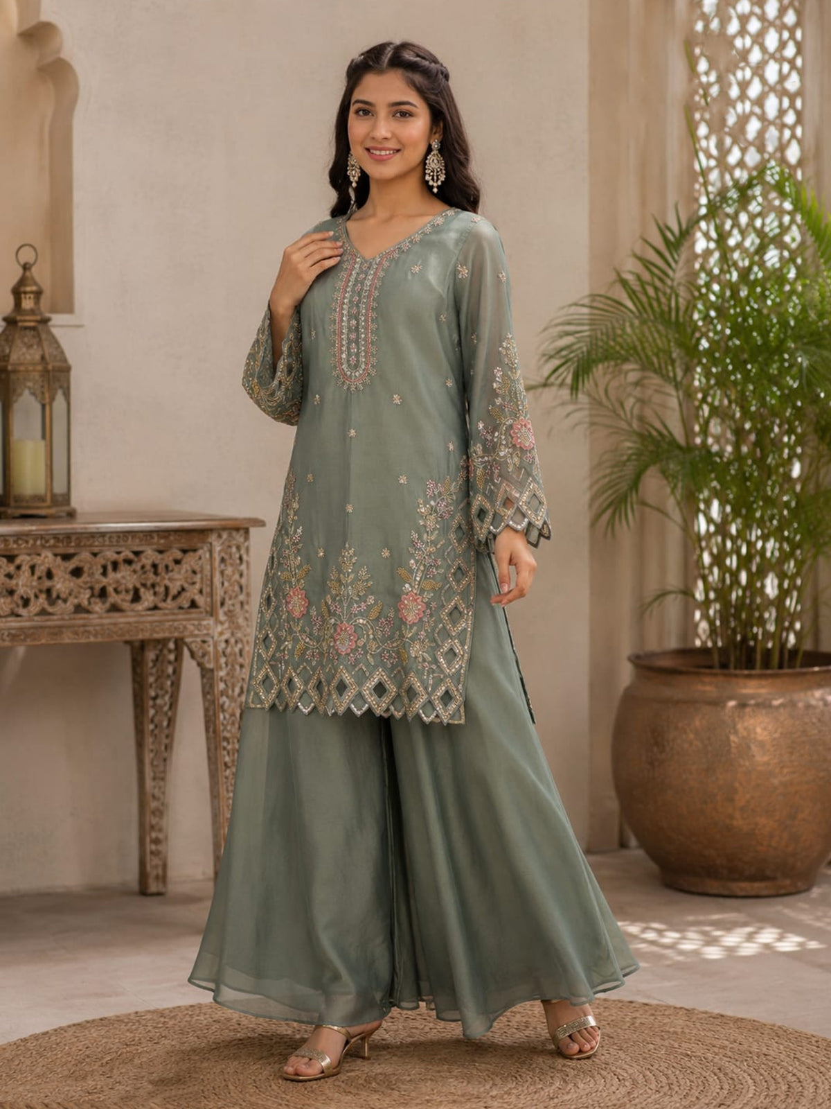 Grey embroidered girls palazzo suit