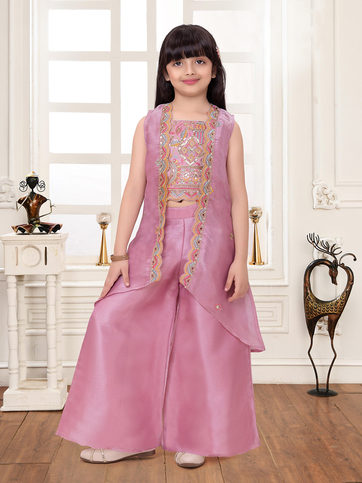 Pink layered girls palazzo suit