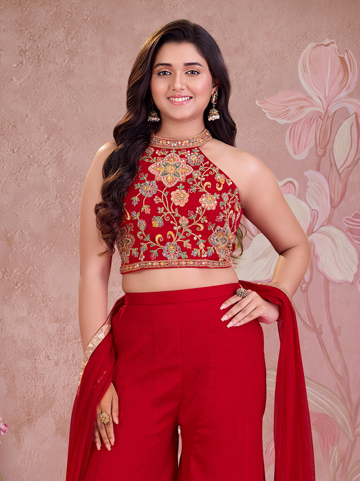 Red floral girls palazzo suit