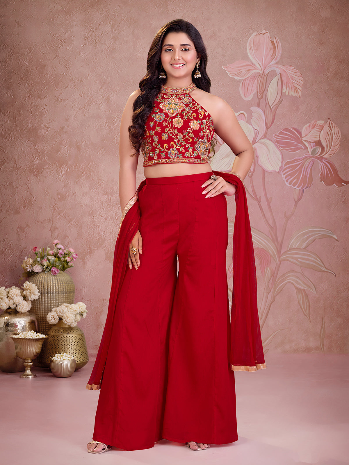 Red floral girls palazzo suit